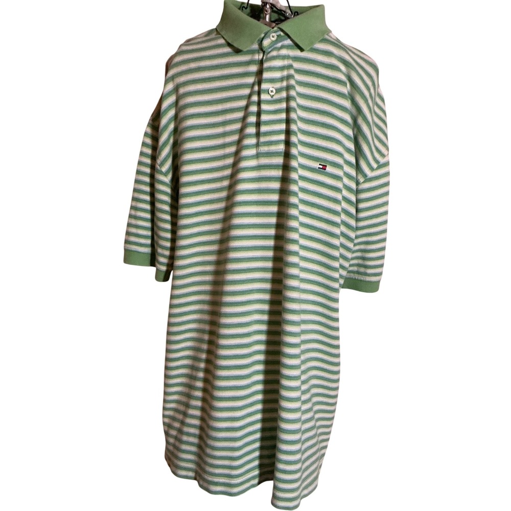 Tommy Hilfiger Men Large Polo Shirt Green White Blue Striped Short Sleeve Cotton